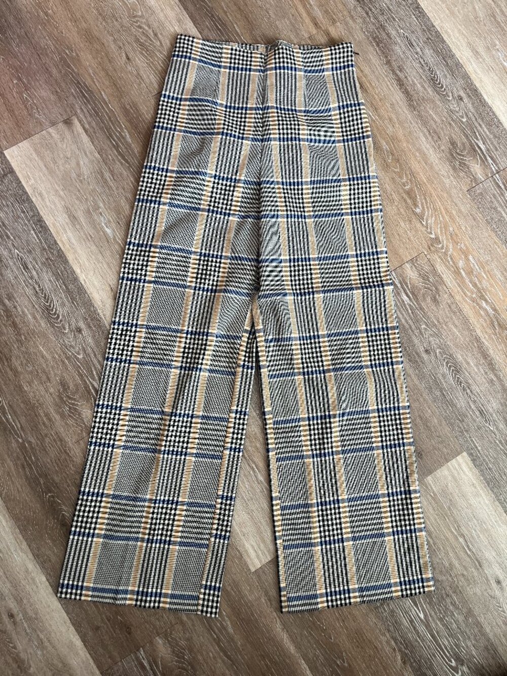 Plaid Patterned Black White Blue Orange High Waist Wide Leg Slacks